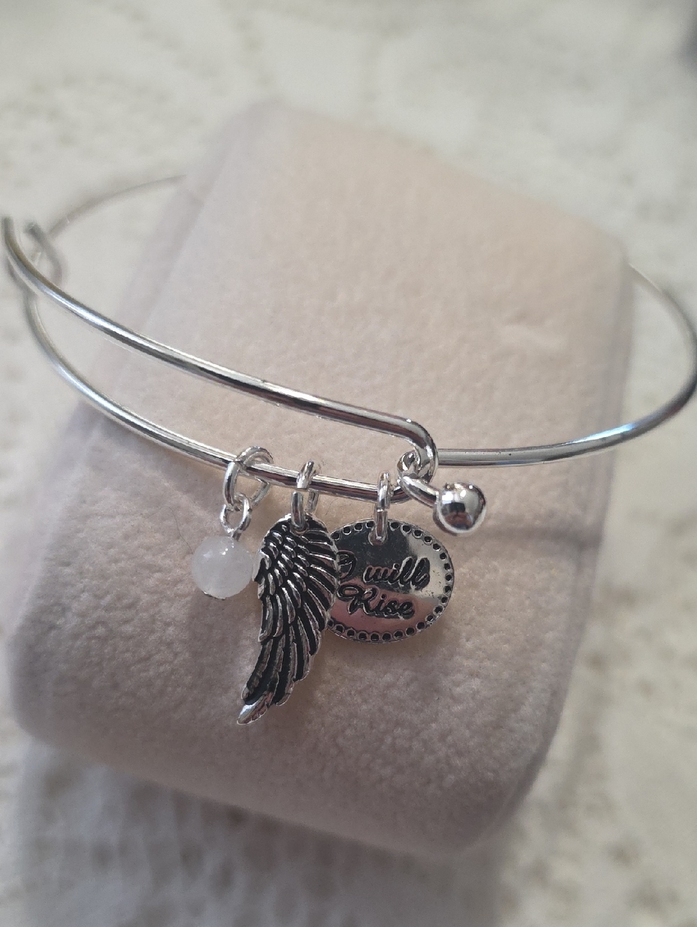 Sterling-Tone 'I Will Rise' Wing Charm Adjustable Bangle - Silver tone